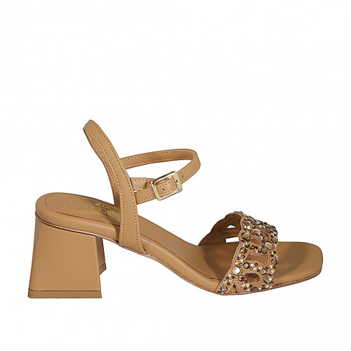 Woman's strap sandal with multicolored crystal rhinestones in cognac brown leather heel 6 - Available sizes:  32, 33, 34, 42, 43, 44, 45, 46