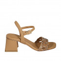 Woman's strap sandal with multicolored crystal rhinestones in cognac brown leather heel 6 - Available sizes:  32, 33, 34, 42, 43, 44, 45, 46