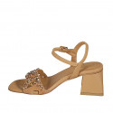 Woman's strap sandal with multicolored crystal rhinestones in cognac brown leather heel 6 - Available sizes:  32, 33, 42, 44, 45, 46