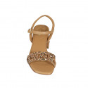 Woman's strap sandal with multicolored crystal rhinestones in cognac brown leather heel 6 - Available sizes:  32, 33, 42, 44, 45, 46
