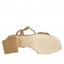 Woman's strap sandal with multicolored crystal rhinestones in cognac brown leather heel 6 - Available sizes:  32, 33, 42, 44, 45, 46