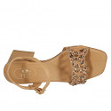Woman's strap sandal with multicolored crystal rhinestones in cognac brown leather heel 6 - Available sizes:  32, 33, 42, 44, 45, 46