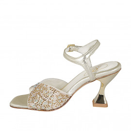 Woman's strap sandal with multicolored crystal rhinestones in platinum laminated leather heel 8 - Available sizes:  43 2