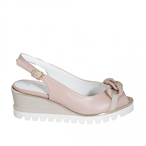 Sandalo da donna in pelle rosa chiaro con catena zeppa 6 - Misure disponibili: 34, 42