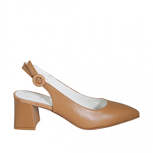 Woman's pointy slingback pump in cognac brown leather heel 6 - Available sizes:  33, 34, 42, 43, 44, 45