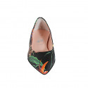Zapato de salon a punta para mujer en piel negra imprimida floral multicolor tacon 2 - Tallas disponibles:  42, 43