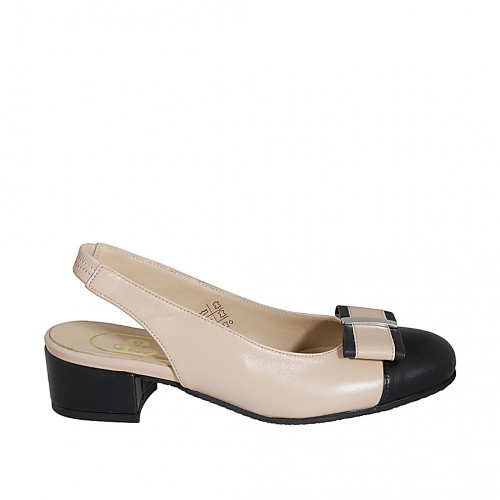 Woman's slingback pump in light pink and black leather with elastic band and bow heel 4 - Available sizes:  32, 33, 34, 42, 43, 44
