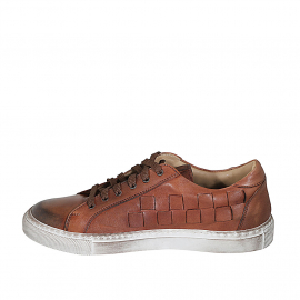 Man's laced shoe with removable insole in cognac brown leather and braided leather - Available sizes:  37, 38, 46, 47, 48 2