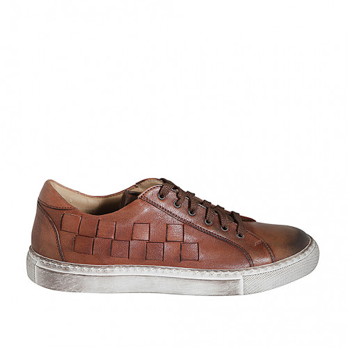 Man's laced shoe with removable insole in cognac brown leather and braided leather - Available sizes:  37, 38, 46, 47, 48, 50