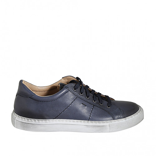 Man's laced shoe with removable insole in blue leather - Available sizes:  37, 38, 46, 48, 49, 50