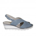 Woman's sandal in light blue printed leather wedge heel 5 - Available sizes:  32, 33, 34, 42, 43, 44, 45
