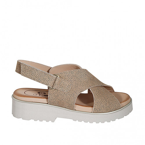 Woman's sandal in sand printed leather with velcro strap heel 3 - Available sizes:  32, 33, 34, 42, 43, 44, 45, 46