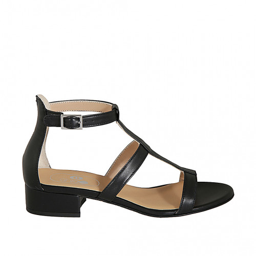 Zapato abierto para mujer con cinturon en piel negra tacon 3 - Tallas disponibles:  32, 33, 34, 43, 44