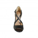 Woman's peep toe open shoe with crossed straps in black leather and stiletto heel 10 - Available sizes:  32, 33, 34, 42, 46