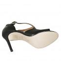 Woman's peep toe open shoe with crossed straps in black leather and stiletto heel 10 - Available sizes:  32, 33, 34, 42, 44, 45, 46
