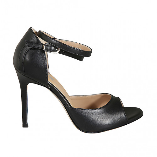 Zapato abierto de mujer con cinturon al tobillo en piel de color negro y tacón aguja 10 - Tallas disponibles:  32, 33, 34, 42, 43, 44, 45