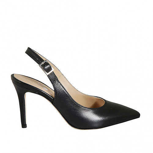 Zapato destalonado a punta para mujer en piel negra tacon 8 - Tallas disponibles:  33, 34, 42, 43, 44, 45, 46