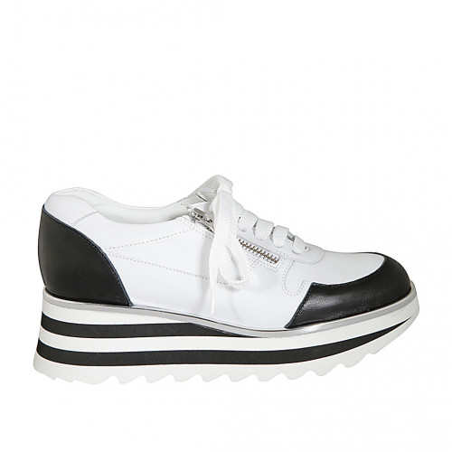 Woman's laced shoe with zippers in white and black leather wedge heel 5 - Available sizes:  42, 43, 44, 45