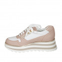 Chaussure pour femmes à lacets et fermetures éclair en cuir blanc et nue talon compensé 5 - Pointures disponibles:  42, 43