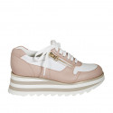 Woman's laced shoe with zippers in white and nude leather wedge heel 5 - Available sizes:  33, 42, 43, 44