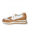 Woman's laced shoe with zippers in white and cognac brown leather wedge heel 5 - Available sizes:  43, 44, 45