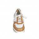 Woman's laced shoe with zippers in white and cognac brown leather wedge heel 5 - Available sizes:  33, 43, 44, 45