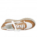 Woman's laced shoe with zippers in white and cognac brown leather wedge heel 5 - Available sizes:  33, 43, 44, 45