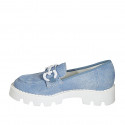 Woman's mocassin with metal accessory in light blue denim-style suede heel 4 - Available sizes:  33, 34