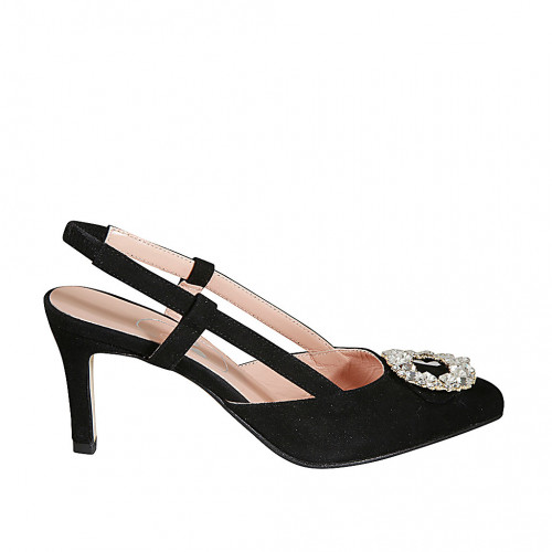 Woman's slingback pump in black suede with elastic band and rhinestones accessory heel 7 - Available sizes:  32, 33, 34, 42, 43, 44, 45