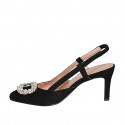 Zapato destalonado para mujer en gamuza negra con elastico y accesorio de cristales tacon 7 - Tallas disponibles:  32, 33, 34, 42, 43, 44, 45