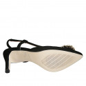 Zapato destalonado para mujer en gamuza negra con elastico y accesorio de cristales tacon 7 - Tallas disponibles:  32, 33, 34, 42, 43, 44, 45