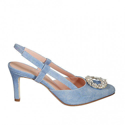 Woman's slingback pump in light blue denim-style suede with elastic band and rhinestones accessory heel 7 - Available sizes:  34, 42
