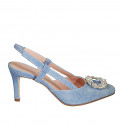 Zapato destalonado para mujer en gamuza efecto denim azul claro con elastico y accesorio de cristales tacon 7 - Tallas disponibles:  42
