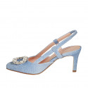 Chaussure ouverte à l'arrière pour femmes en daim effet denim bleu clair avec elastique et accesoire du strass talon 7 - Pointures disponibles:  34, 42
