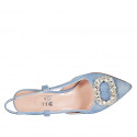 Zapato destalonado para mujer en gamuza efecto denim azul claro con elastico y accesorio de cristales tacon 7 - Tallas disponibles:  34, 42