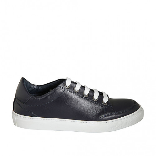 Man's casual shoe with laces and removable insole in blue leather - Available sizes:  36, 37, 38, 46, 47, 48, 49, 51