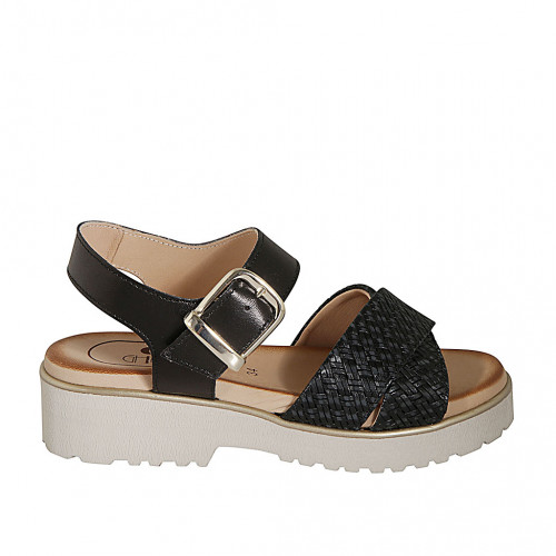 Sandale avec courroie pour femmes en cuir et cuir tressé noir talon 4 - Pointures disponibles:  33, 34, 42, 43, 44