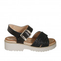 Sandale avec courroie pour femmes en cuir et cuir tressé noir talon 4 - Pointures disponibles:  33, 34, 42, 43, 44