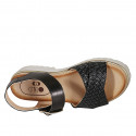 Woman's strap sandal in black leather and braided leather heel 4 - Available sizes:  33, 34, 42, 43, 44