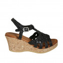 Woman's strap platform sandal in black braided leather wedge heel 7 - Available sizes:  32, 33, 34, 42, 43, 44, 45