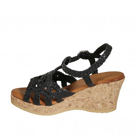Woman's strap platform sandal in black braided leather wedge heel 7 - Available sizes:  42, 43, 44, 45 2