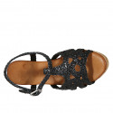 Woman's strap platform sandal in black braided leather wedge heel 7 - Available sizes:  32, 33, 34, 42, 43, 44, 45