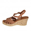 Sandalia para mujer con cinturon y plataforma en piel trensada cognac cuña 7 - Tallas disponibles:  32, 33, 34, 42, 43, 44