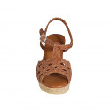 Sandalia para mujer con cinturon y plataforma en piel trensada cognac cuña 7 - Tallas disponibles:  32, 33, 34, 42, 43, 44