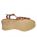 Woman's strap platform sandal in cognac brown braided leather wedge heel 7 - Available sizes:  32, 33, 34, 42, 43, 44