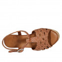 Woman's strap platform sandal in cognac brown braided leather wedge heel 7 - Available sizes:  32, 33, 34, 42, 43, 44