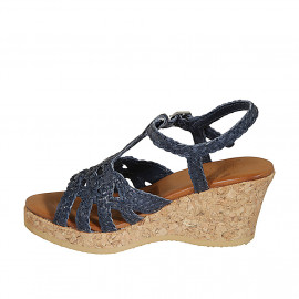 Sandalo da donna con cinturino e plateau in pelle intrecciata blu con zeppa 7 - Misure disponibili: 42, 43, 44, 45 2