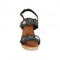 Woman's sandal in black leather with velcro straps, beads and wedge heel 7 - Available sizes:  32, 33, 34, 42, 43, 44, 45
