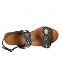 Woman's sandal in black leather with velcro straps, beads and wedge heel 7 - Available sizes:  32, 33, 34, 42, 43, 44, 45