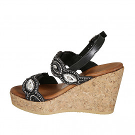 Woman's sandal in black leather with velcro straps and beads with wedge heel 9 - Available sizes:  43, 44, 45 2